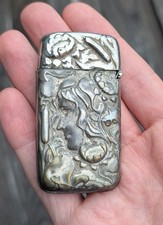 Beautiful Antique Art Nouveau Match Safe. Woman's Face Among Lilies. Estate Find picture