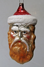 Vintage Glass Embossed Orange BEARD SANTA HEAD Mica Christmas Ornament Germany picture