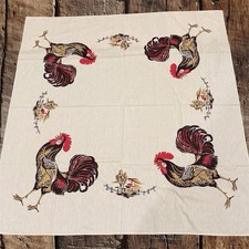 VTG 1950s California Hand Prints Rooster Tablecloth 51x51 Mint Mid Century MCM picture