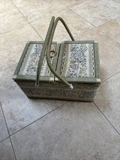 Vintage AZAR Woven Tapestry DOUBLE HANDLE SEWING BASKET XL Plastic Insert MCM M8 picture