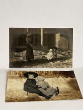 (2) RPPC POSTCARD c.1900 Children Sitting on a Sled w/Mother Watching picture
