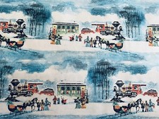 VTG CHRISTMAS WRAPPING PAPER GIFT WRAP SLEIGH TREE TRAIN WINTER SCENE GORGEOUS picture