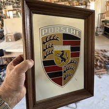 Vintage PORSCHE STUTTGART LOGO WALL MIRROR in Wood Frame 11x14” Collectible 1979 picture
