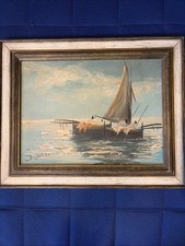 Vintage Mid Century Seascape Sailboat Oil Painting Signed Sonuu 16 X 12 Image picture