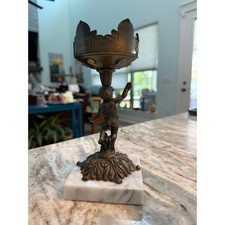 Vintage Bronze Cherub Candle Holder on Marble Base Putti Figure Ornate Decor picture