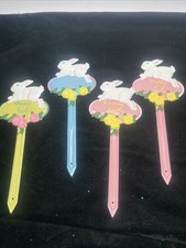 vintage Easter Bunny metal Garden stake Happy Easter with bunny on top Lot Of 4 picture