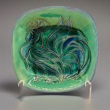 Vintage Avraham Gofer Studio Art Pottery Rooster Plate, blue & green, home decor picture