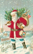 Embossed Christmas Postcard Silk Santa Claus Walking in Snow w/ Tree & Toys picture