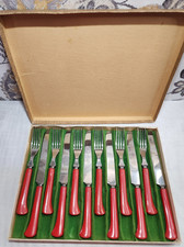 Vintage 1930s–1940s Cherry Red Bakelite Flatware Set – 12 Pieces with Original B picture