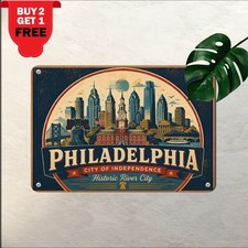 Philadelphia Skyline Liberty Bell Independence Hall Metal Tin Wall Sign picture