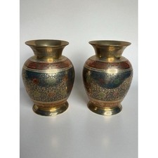 VTG Hand Engraving MultiFloral Set of 2 Mini Etched Brass Bud Vases 5