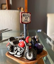 Route 66 Motorcycle Salt Pepper Shakers Set Ceramic Red Purple Display Stand picture