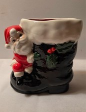Vintage 1976 Hand Painted Ceramic Santa Black Boot Planter Kitsch Christmas picture