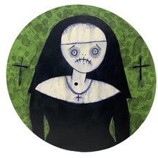 Original Painting Green Sad Stitches Nun Vinyl Record Oddity Art Gothic Ooak picture