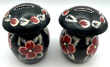 Vintage Wooden Mushroom Banks Set Hand Painted Floral Black Boho Decor Pair picture