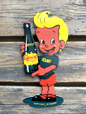 VINTAGE SQUIRT BOY with BOTTLE OIL GAS PUMP SODA POP 7UP COKE PORCELAIN SIGN picture