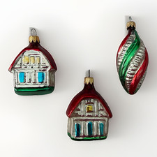 Vintage Poland Mercury Glass Cottage House Christmas Ornaments Set of 3 picture