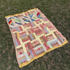 Depression Era Scrappy Patchwork Vintage Antique Quilt Crochet Binding 76x60 picture
