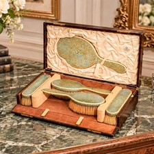 Rare Antique English Art Deco Shagreen Vanity Set Brushes Mirror picture