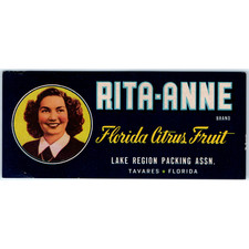 Vtg 1940s Tavares FL Rita-Anne Florida Citrus Fruit Crate Box Label Lake Region picture