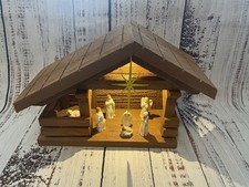 Rustic Handmade Cedar Wood Nativity Stable /Manger w/ 7 Figurines, Star & Light picture