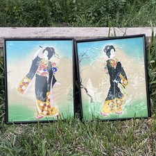 Pair Mid-Century Japanese Geisha Silk Prints Framed – Export Art picture
