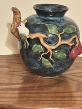 VINTAGE MAJOLICA STYLE VASE COBALT GLAZE 3-D TREE BRANCH PEARS & BIRD 8
