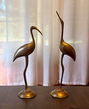 Vintage Solid Brass Cranes Herons Birds Pair Mid Century Modern India 12” & 10” picture