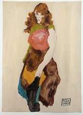 Egon Schiele Drawing on old paper (Handmade) signed and stamped artwork picture