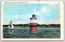 1937 Spring Point Ledge Light Portland Maine ME Sail Boat Posted Postcard picture