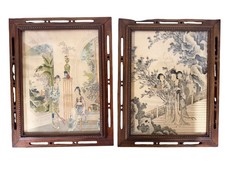 Two Matching Antique Japanese Wood Oak Picture Frames With Glass And Lithographs picture