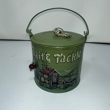 Hand-painted Bait & tackle Decorative Tin With Lid Green Fishing Vintage 1999 picture