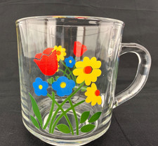 4 Vtg 1970s Luminarc Floral Glass Mugs 10 oz Red Yellow Blue Flower Garden picture