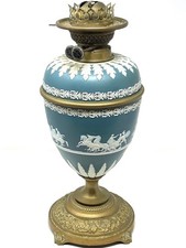 Antique Wedgwood Blue Jasperware Oil Kerosene Lamp W/ Brass Evered Burner 1900's picture