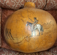 1989 Signed Hand Painted Gourd Native American Horseman Southwestern Folk Art picture
