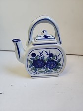 VNT Chinese Hand Painted Porcelain Cobalt Blue Floral Teapot Flat Round 5.5 Inch picture