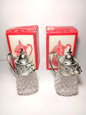 2 Vintage Unused Leonard Japan Waffle Glass Lion Head Silver Plated Syrup Jugs picture