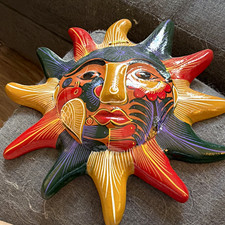 Hand-Painted Handmade Mexican Folk Art Sun Face Wall Plaque Hanging Decor picture