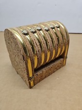 Vintage Preferred Stock Barware, 6 Cork & Brass Coasters With Cork Caddy picture
