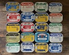 Sardines Cans EASTPORT MAINE Empty Sealed Tin 11 oz Port Clyde Holmes Sample NOS picture