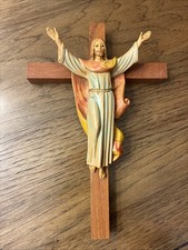 Italian Fontanini Wood Wall Crucifix Cross Jesus Vintage 1984 10” x 6.75” picture
