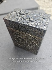 Vintage Heavy Embossed Floral Silver Tone Metal Trinket Box w/ Lid 432g picture