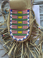 Native American Beaded Tan Suede Leather Fringe Bag, Braided Strap, Multicolor picture
