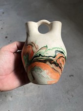 Nemadji Pottery Vintage Double Spout Wedding Vase Orange Green Swirl Small USA picture