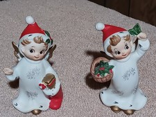 (2) Vintage Lefton Christmas Angel Boys Santa Hat Stocking & Holly Berry Basket picture