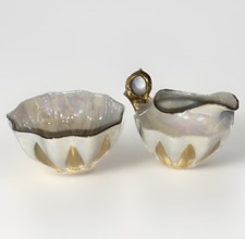 Iridescent Creamer & Open Sugar Bowl Pearlized Lusterware With Gold Accents picture