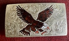 Vintage Hand Made Flying Eagle Enamel Inlay Western Belt Buckle  picture