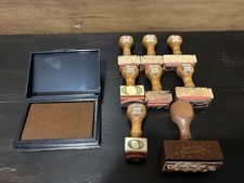 Vintage Acme Rubber Stamp Co Dallas TX Wood Handle Stamps Lot of 7 Ink Pad picture