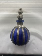 Antique Cobalt Blue Glass Perfume Bottle with Metal Overlay Stopper Rare Vintage picture