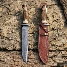 14-inch Bowie Knife Damascus Steel Fixed Blade Full Tang Stag Antler Handle picture